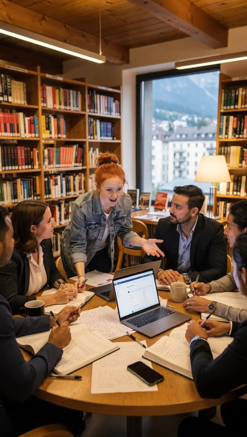 Eine Gruppe von Menschen sitzt um einen Tisch und diskutiert über digitale Lernstrategien.
