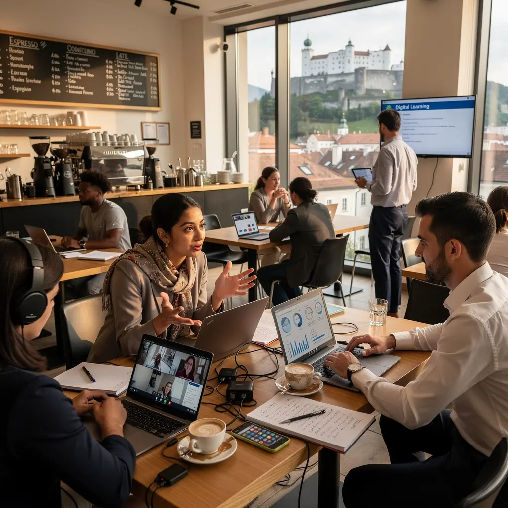 Ein Bildschirm zeigt eine Online-Lernplattform mit verschiedenen Kursen zur beruflichen Weiterbildung.