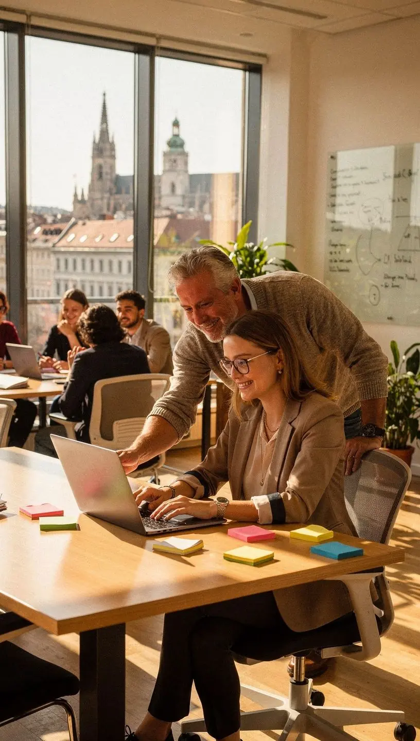 Ein Lehrer erklärt einem virtuellen Publikum in einem Online-Kurs über moderne berufliche Fähigkeiten.